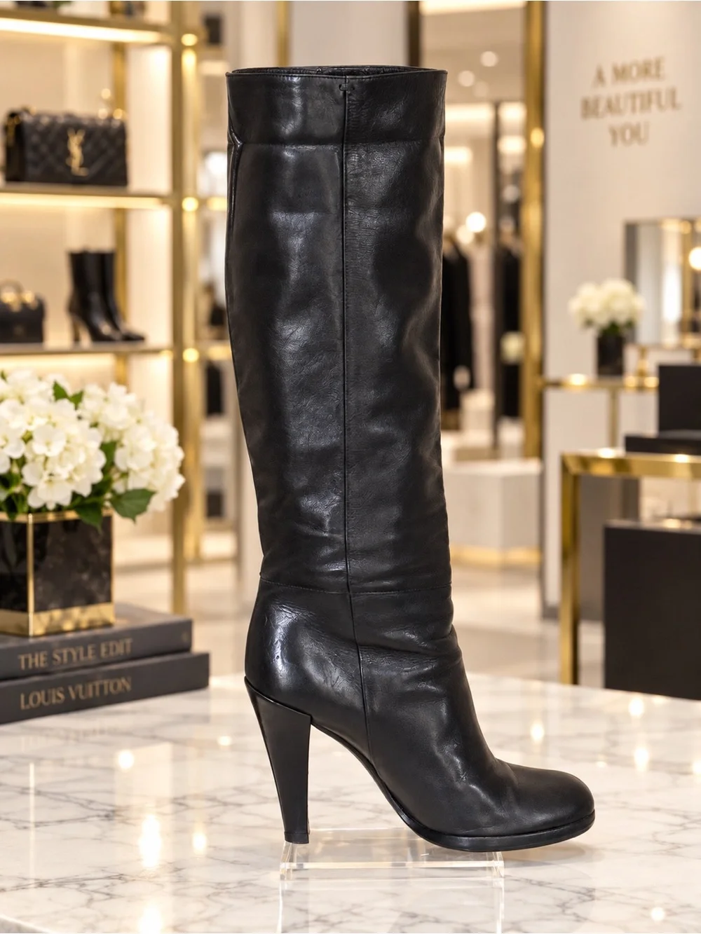 Gucci Elisabeth 206778 Women's Black Leather Knee-High Heeled Boots 6B Italy EUC